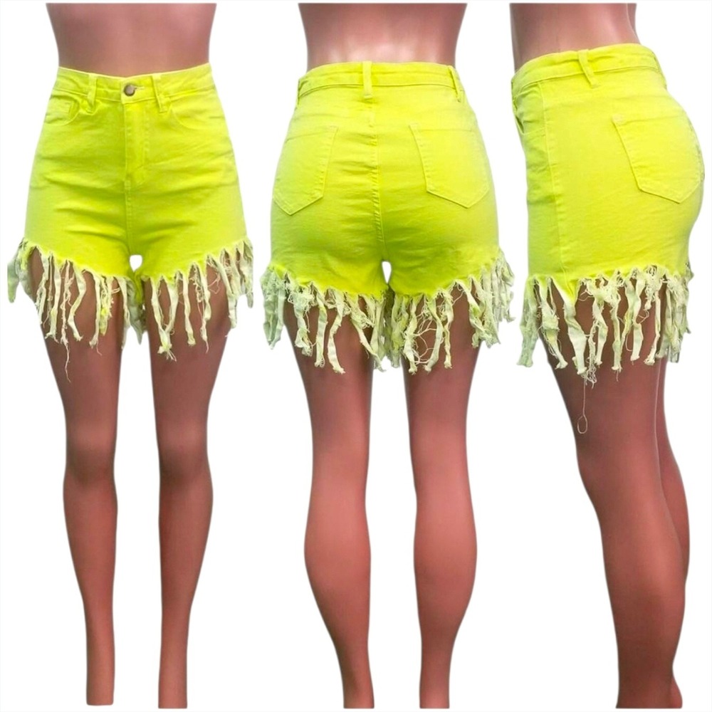Denim Shorts Womens Small Neon Yellow New High Waisted Shredded Fringe Tassel